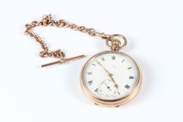 A 9CT GOLD OPEN FACE POCKET WATCH AND ALBERT CHAIN.