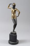 AFTER FERDINAND PREISS. AN ART DECO STYLE BRONZE AND GILT PATINATED BRONZE of a female dancer. 40cms