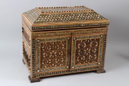 A 19TH CENTURY SYRIAN OR TURKISH WOODEN CASKET OR CHEST, with all over mother-of-pearl and bone