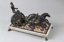 A BRONZE AND MARBLE GROUP, modelled as a Roman soldier in a chariot being pulled by two horses,