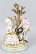 A GOOD 19TH CENTURY MEISSEN PORCELAIN GROUP, a family group by a tree, with a man holding a hat full