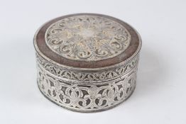 A VERY FINE 19TH CENTURY OTTOMAN OR RUSSIAN NIELLO AND SILVER MOUNTED STEEL BOX. 12.5cms diameter.
