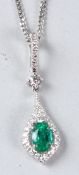 AN 18CT WHITE GOLD, FINE EMERALD AND DIAMOND PENDANT AND CHAIN.