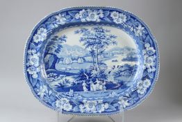A LARGE LATE 19TH CENTURY RILEY'S SEMI-CHINA BLUE AND WHITE TRANSFER PRINTED DISH, decorated with