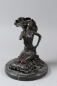CL. J. R. COLINET. A BRONZE OF A KNEELING FEMALE FIGURE holding a feather fan, seated on a