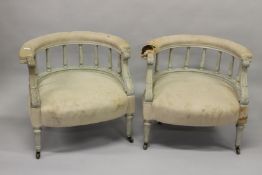 A PAIR OF 19TH CENTURY PAINTED, CARVED BEECH FRAMED HORSESHOE SHAPED OPEN ARMCHAIRS, with beige