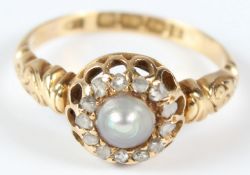 AN 18CT YELLOW GOLD, DIAMOND AND PEARL CLUSTER RING.