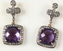 A PAIR OF SILVER, GOLD, AMETHYST AND DIAMOND DROP EARRINGS.