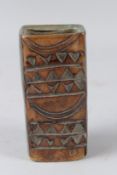 LOUIS HUDSON, A STUDIO POTTERY SLAB SIDED VASE with incised decoration. 16cms high.