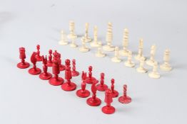 A FINELY CARVED 19TH CENTURY ANGLO INDIAN BONE CHESS SET.