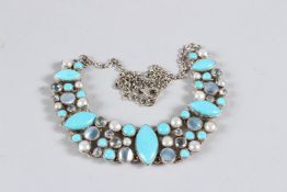 A SILVER, TURQUOISE AND PEARL NECKLACE.