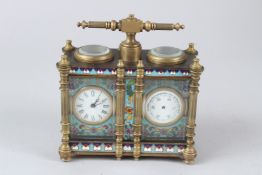 A CLOISONNE COMBINATION CARRIAGE CLOCK AND BAROMETER. 13cms wide.