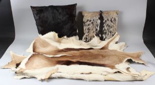 TWO ANIMAL SKIN CUSHIONS; together with two small animal skin rugs.