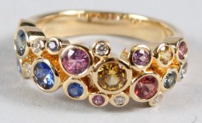 AN 18CT YELLOW GOLD, MULTI-COLOURED SAPPHIRE AND DIAMOND BUBBLE RING.