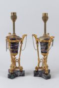 A GOOD PAIR OF 19TH CENTURY BLUE JOHN AND ORMOLU TABLE LAMPS, modelled as classical urns with