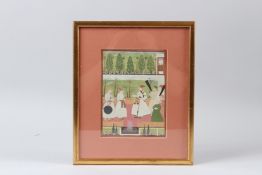 INDIAN SCHOOL, FIGURES IN A GARDEN SETTING, with attendants, watercolour and gouache. Overall size