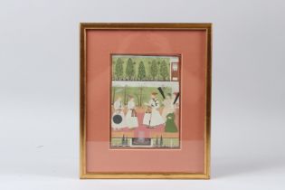 INDIAN SCHOOL, FIGURES IN A GARDEN SETTING, with attendants, watercolour and gouache. Overall size