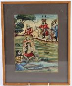 A 19TH CENTURY PERSIAN QAJAR PAINTING depicting Khusro and Shirin. 23cms x 16cms.
