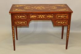 A FRENCH STYLE MARQUETRY INLAID MAHOGANY DESK, with a central drawer flanked by a pair of small