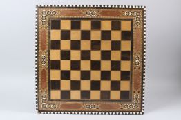 A FINE MOORISH ISLAMIC INLAID WOODEN CHESS BOARD. 45CMS X 45CMS.