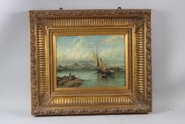 C. STANFIELD, SAILING SHIPS IN A HARBOUR, colour print, in a decorative composite gilt frame.
