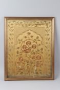 A FINE 19TH CENTURY INDIAN EMBROIDERED SILK TEXTILE PANEL. 66cms x 52cms.