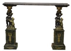 AN ORNATE FIRE SURROUND, with a black marble mantle held by a pair of cast metal cherubs, with