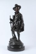E. BLAVIER. A GOOD BRONZE FIGURE OF A BOY MUSICIAN, holding a walking stick, a musical instrument