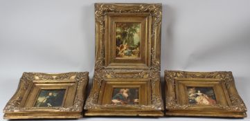 A SET OF FOUR DECORATIVE PRINTS, each depicting figure subjects, in ornate composite gilt frames.