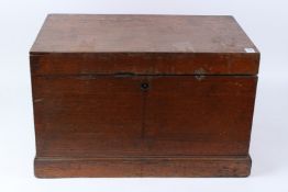 A 19TH CENTURY OAK SILVER CHEST, with wrought iron carrying handles. 60cms long x 38cms wide x 36cms