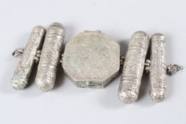 A 19TH CENTURY PERSIAN SILVER AMULET CASE. 17cms long.