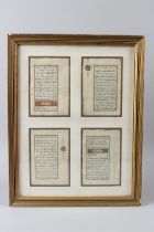 FOUR ILLUMINATED QURAN LEAVES, 19TH CENTURY OTTOMAN TURKEY, mounted as one, framed and glazed.