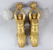 A GOOD, LARGE PAIR OF 19TH CENTURY GILT BRONZE WALL SCONCES, modelled as classical winged figures