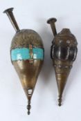 TWO 18TH CENTURY PERSIAN HUQQA BASES, one in brass mounted turquoise glazed pottery and the second