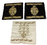 AN OTTOMAN VELVET AND METALLIC THREAD CUSHION COVER, with black velvet ground and raised metal