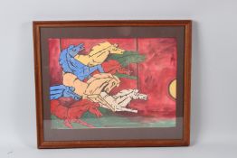 M. F. HUSSAIN, GALLOPING HORSES, watercolour, signed, framed and glazed. Overall size 48cms x