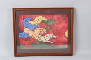 M. F. HUSSAIN, GALLOPING HORSES, watercolour, signed, framed and glazed. Overall size 48cms x