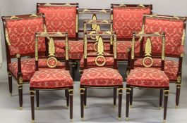 A FRENCH EMPIRE REVIVAL MAHOGANY FRAMED SALON SUITE, comprising of a double chair back settee,