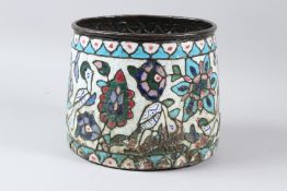 A LARGE 19TH CENTURY SYRIAN DAMASCUS ENAMELLED COPPER PLANTER BOWL. 20cms high.