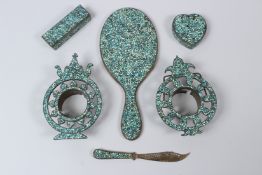 A COLLECTION OF SIX TURQUOISE INLAID PERSIAN METAL ITEMS IN TWO CLOCK CASES, mirror, boxes, etc.