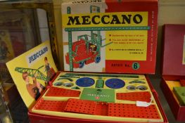 A Meccano No.6, boxed, construction set with instruction book, appears little used.