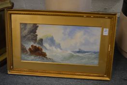 Maritime School, waves crashing on a coastline, watercolour.