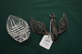 A silver mounted cut glass swan shaped salt (faults).