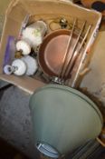 Two porcelain table lamps, a copper preserve pan and a towel rail.