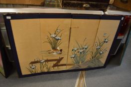 Japanese School, ducks on a pond, watercolour on a four fold panel (faults).