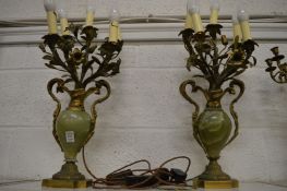 A pair of alabaster and ormolu candelabra style light fittings.