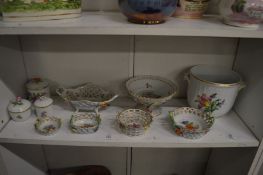 Quantity of Dresden porcelain to include pierced baskets, cachepot, pedestal bowl etc, all with