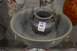 Chinese twin handled pottery censer and a celadon bowl (rim chip).
