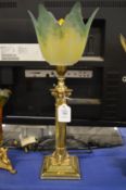 A decorative table lamp with opaque glass shade.