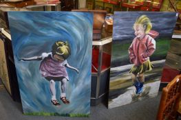 Jumping in a puddle and skipping, two large oil on boards, unframed.